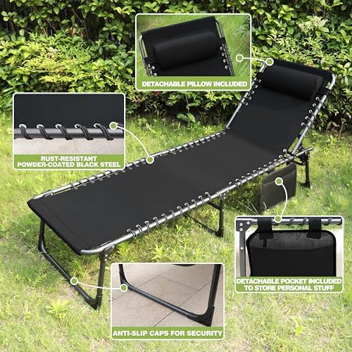 Foldable Chaise Lounge Chair with Detachable Pillow & Pocket, Outdoor Portable Tanning Chair with 4 Position Adjustable Back, Patio, Beach and Pool, Black