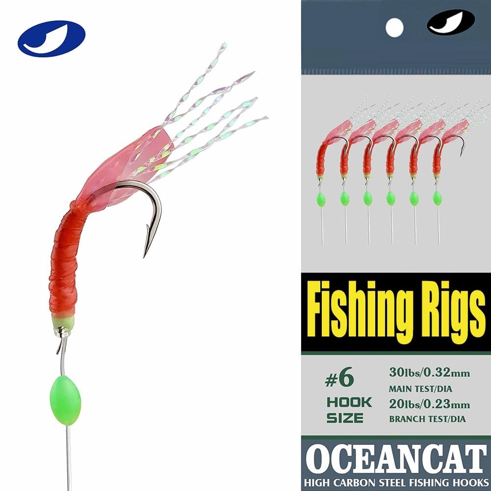 6 Hook/Set Fishing Rigs Red Feather Fish Skin Rubber Silk String SBK Hook Fishing Lure Saltwater Freshwater Bait Rig Tackle 5#6#7#8#9#10# (#5-10 Packs)