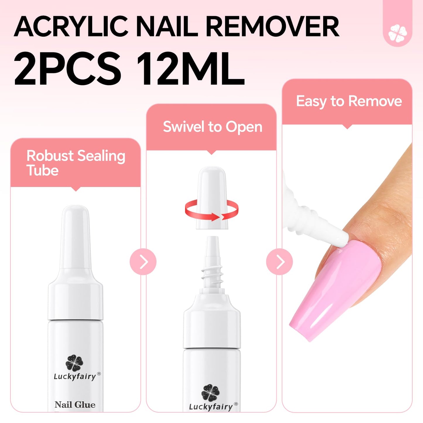 Luckyfairy Nail Glue Remover for Press on Nails Semi Solid Nail Glue Acetone-Free, Not for Gel Polish Base Coat, 2Pcs 12ml