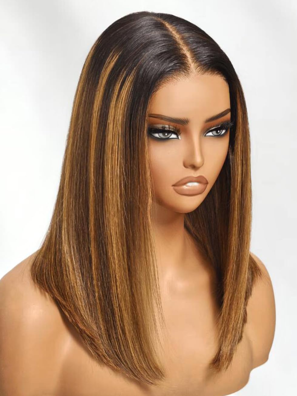 UNICE Bye Bye Knots Glueless 7x5 HD Lace Front Wigs Human Hair Pre Plucked Pre Cut Bleached Knots Dark Roots Brown Blonde Highlight Blunt Bob Wigs Natural Looking 150% Density 10 inch