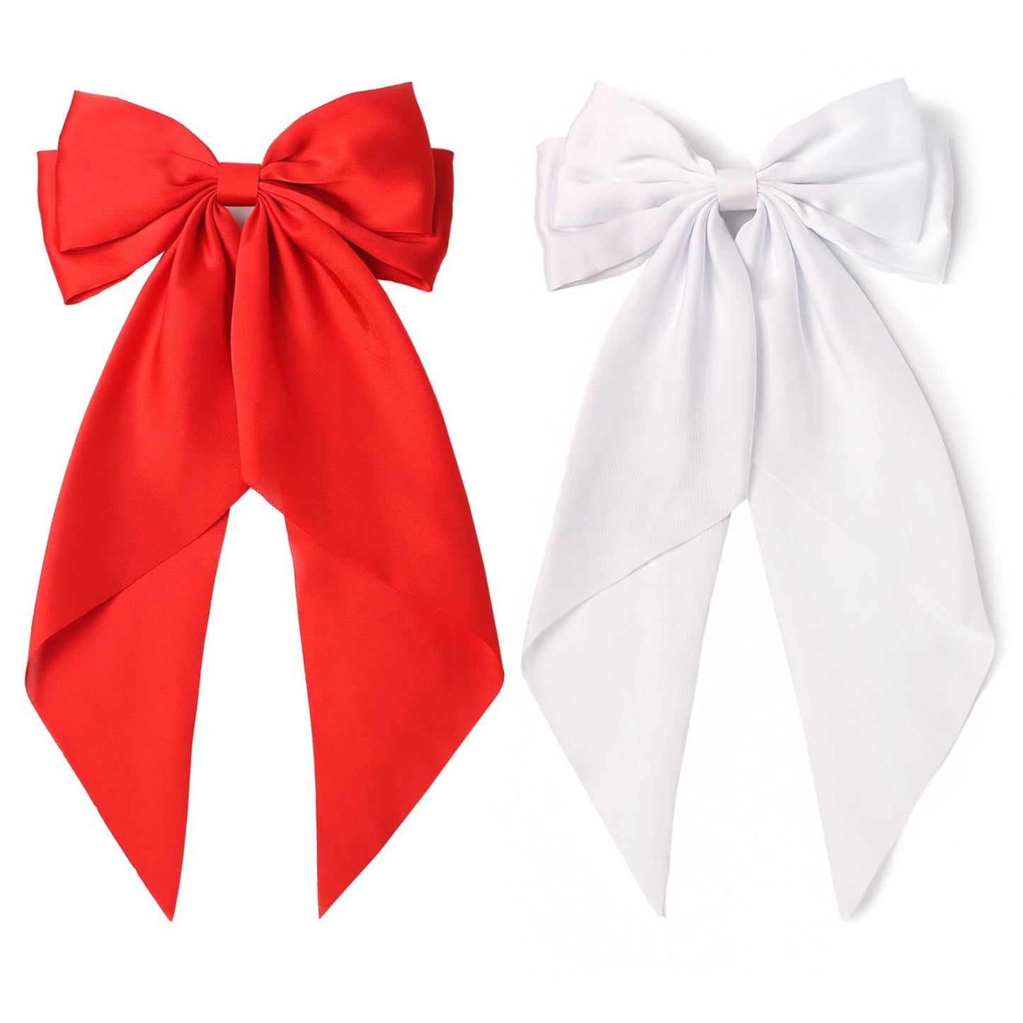 SUSULU Large Hair Bow Clips for Women Red Hair Bow White Hair Bow Slides for Girls Satin Hair Barrettes with Long Ribbon Tail,Wedding Birthday Women Hair Accessories Pack of 2