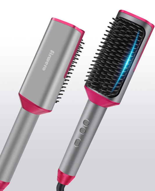 Hair Straightener Brush Straightening Comb - Ionic Heated Brush Straightener for Women, Plus 3x Dense Bristles Ceramic Styler for Thick Curly Hair, 16 Temps, 2 in 1 Flat Iron Brush Dual Voltage Travel