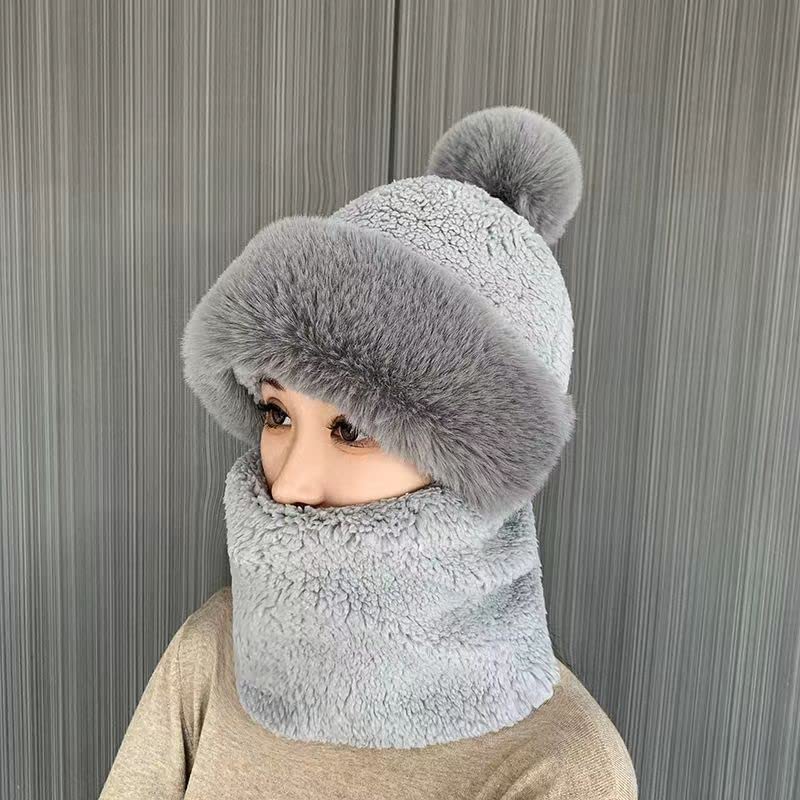 SUKIYAKI Womens Winter Fleece Warm Hat with Faux Fur Pom Cycling Windproof Scarf Hat Ski Cap, Scarf Hat Mask Integrated Hat (Gray)