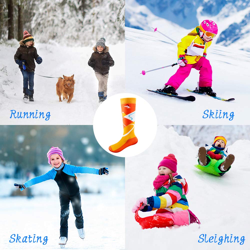 FanNicoo 2 Pack Kids Ski Socks OTC Warm Soft Non-Slip Cuff Winter Skiing Outdoor for Girls Boys(Gray+Orange), Small