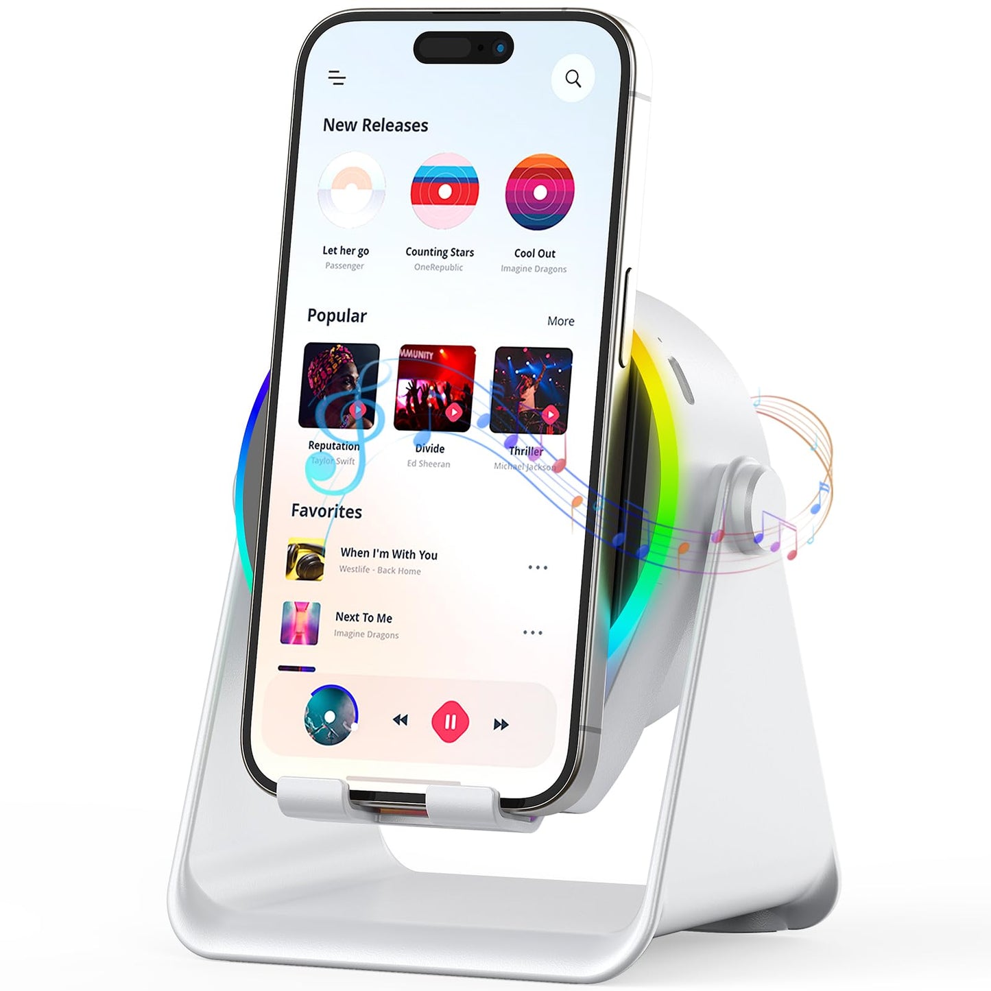 Wireless Induction Speaker, 4 in 1 Bluetooth Speaker Phone Stand with RGB Light, 360° Rotation Phone Holder Compatible with iPhone Android iPad Samsung Galaxy, Birthday Gift for Men Women