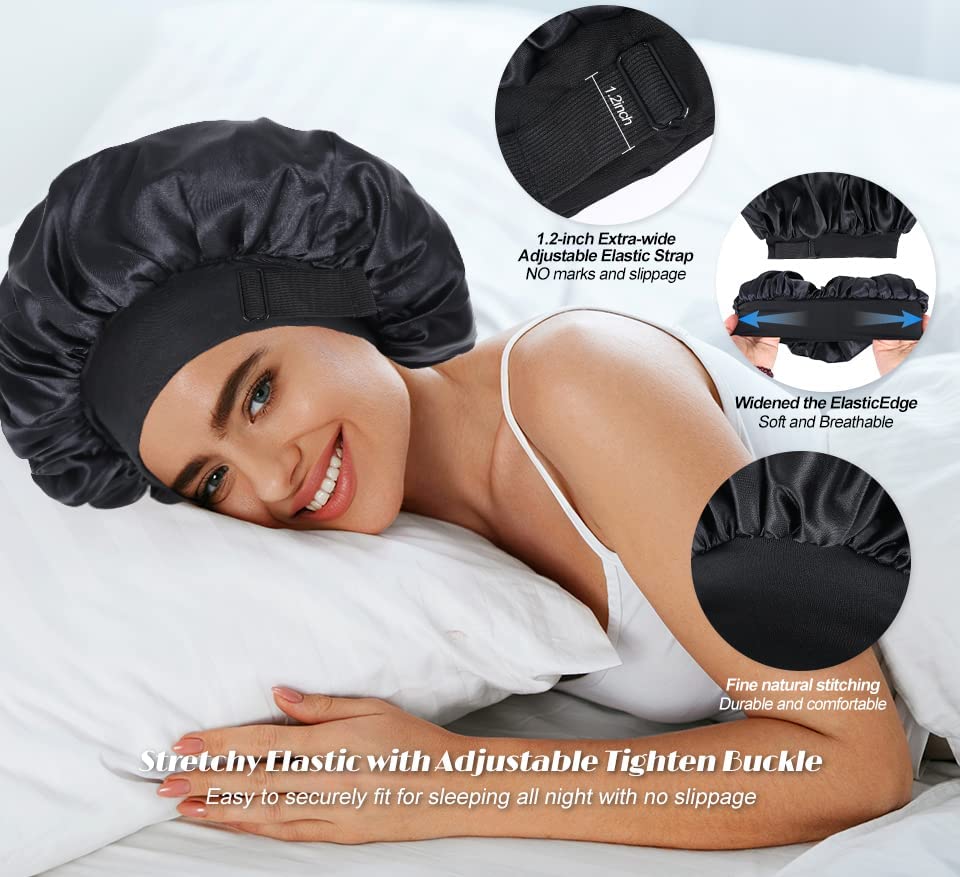 Silk Bonnet for Sleeping Double Layer Satin Bonnet Adjustable Bonnets for Black Women Sleep Cap Reversible Hair Bonnet for Curly Hair (Black and Teal)