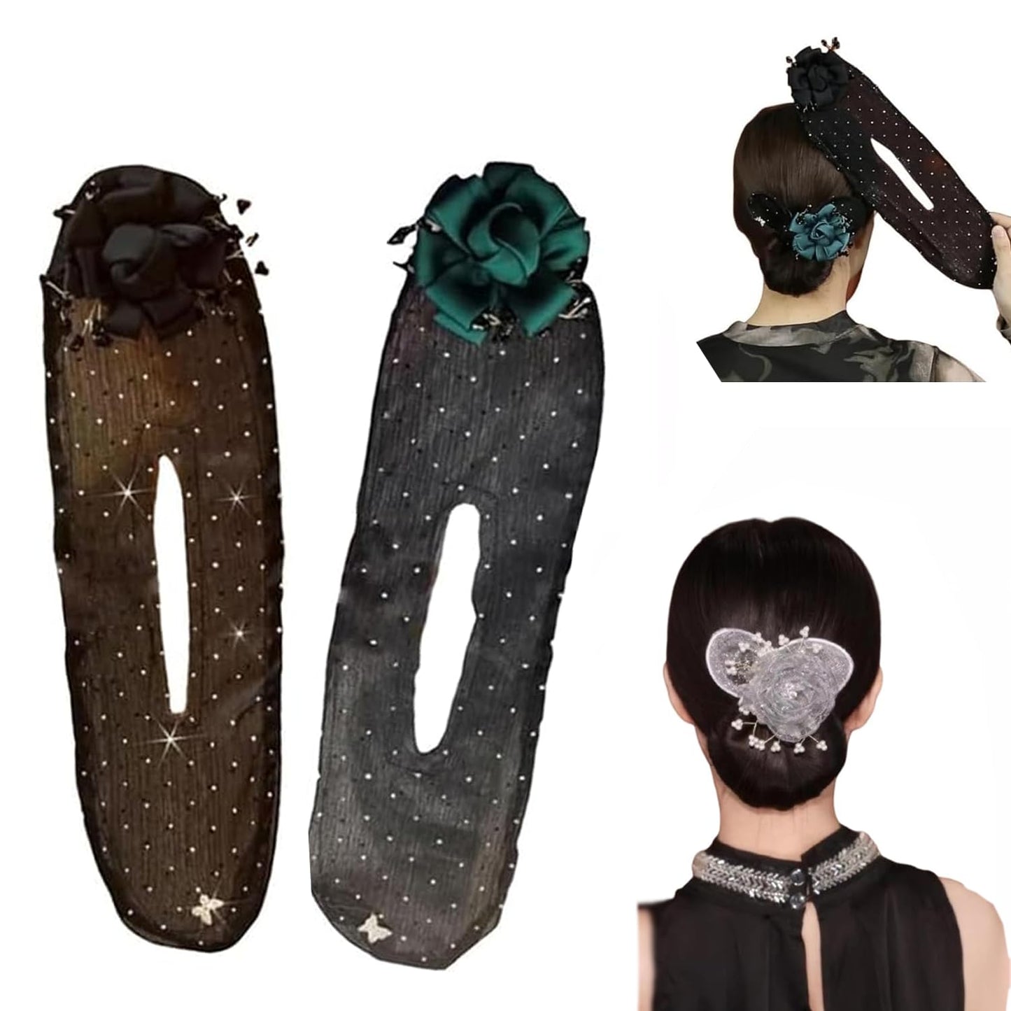 Rugwun Hair Bun Maker for Long Thick Hair,Easy Fast Snap Roll Hair Clips,Ball Hair Clip,Flower Hair Bun Roller Butterfly Hair Bun Maker Set,Hand Embroidered Flowers Deft Bun Maker (B-2pcs)