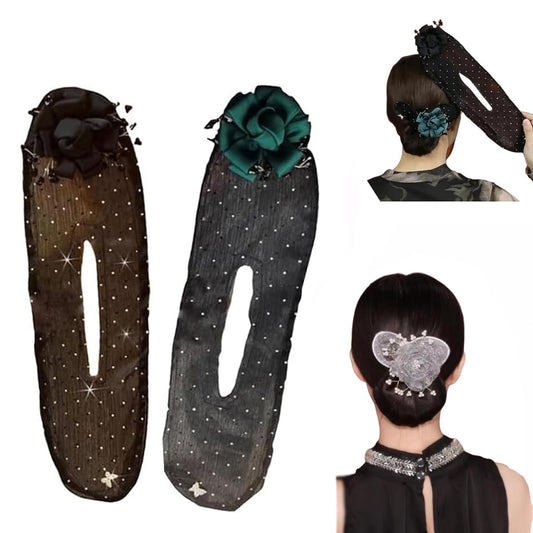 Rugwun Hair Bun Maker for Long Thick Hair,Easy Fast Snap Roll Hair Clips,Ball Hair Clip,Flower Hair Bun Roller Butterfly Hair Bun Maker Set,Hand Embroidered Flowers Deft Bun Maker (B-2pcs)