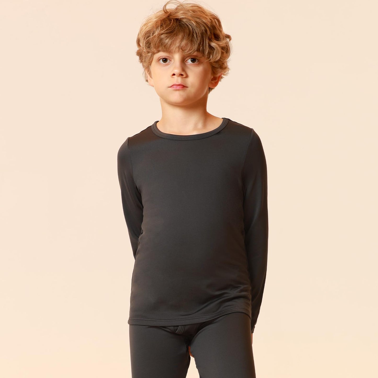 HODOSPORTS Boy's Thermal Underwear Top Kid’s Winter Base Layer Fleece Lined Compression Shirt Dark Grey