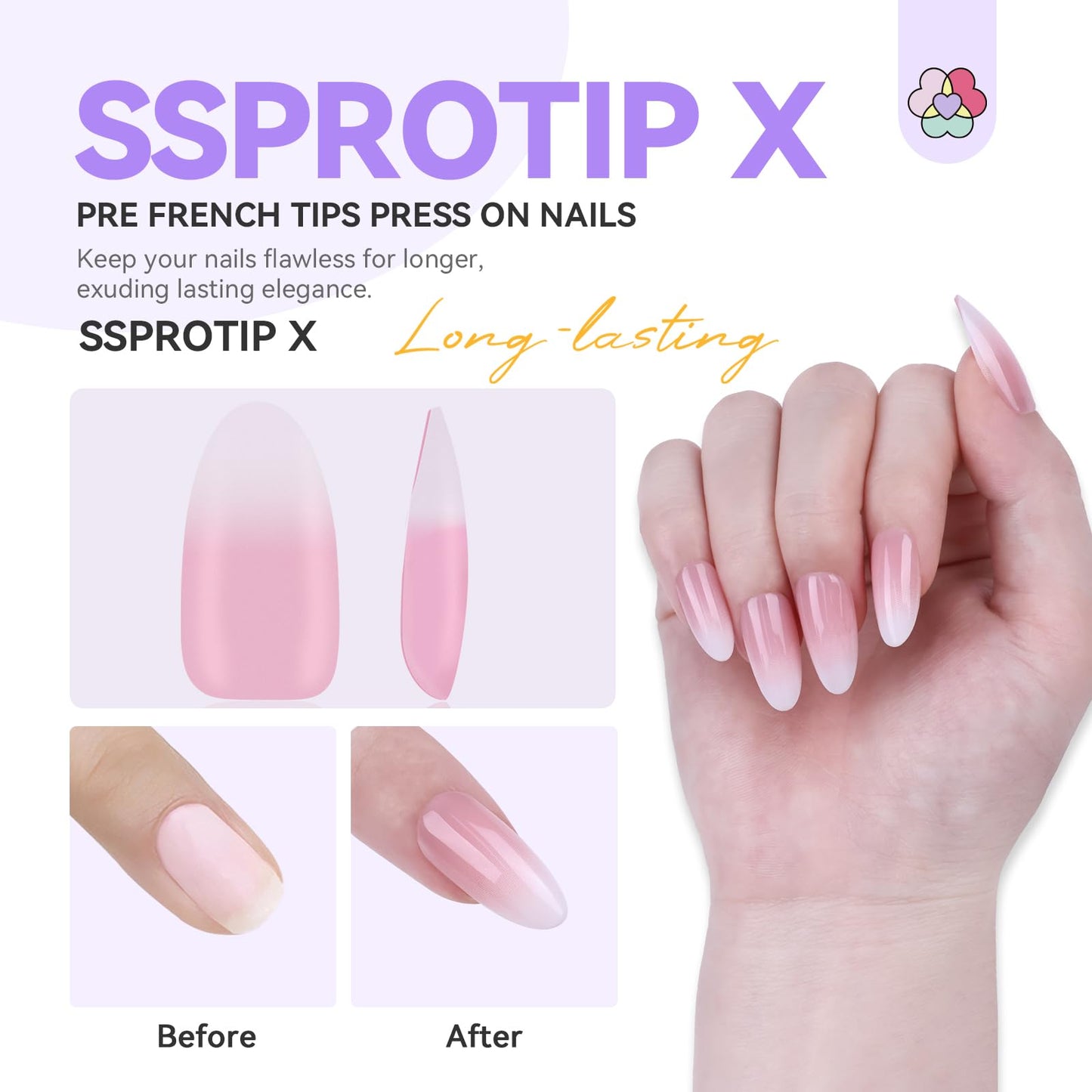 SAVILAND Press On Nails Ombre Nails: Medium Almond French Tips Full Cover Fake Nails Pink White Gradient Nails Press Ons 160 Pcs False Nails Tips Soft Gel s X Nail Tips for DIY Nail Art