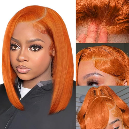 EAGERA Ginger Bob Lace Front Wig Human Hair 8 Inch 13x4 Orange HD Lace Closure Human Hair Wig Pre Plucked with Baby Hair Short Ginger Straight Bob Colored Wig Human 180% Density for Women