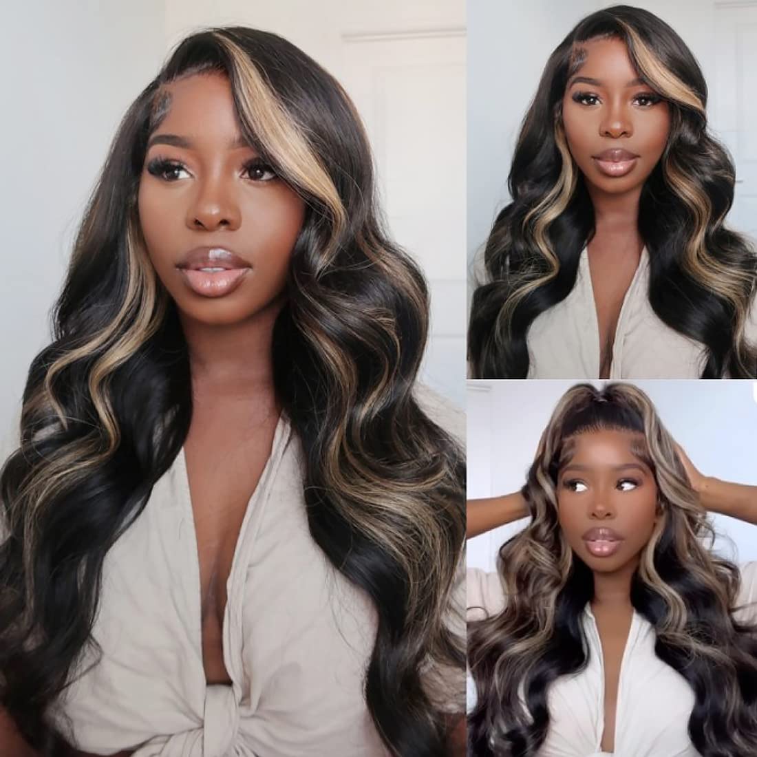 UNICE Bye Bye Knots Glueless Wig Body Wave 7x5 Pre Cut Lace Front Wigs Human Hair Bleached Knots Balayage Black Blonde Highlights Put on and Go Human Hair Wig Pre Plucked 150% Density 16 inch