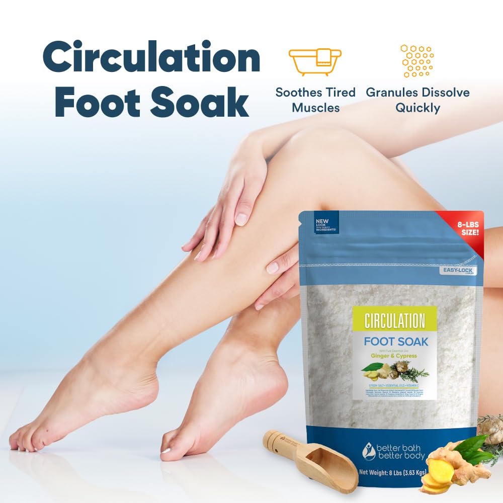Circulation Foot Soak 128oz (8 Lbs) Epsom Salt Home Spa Soothing Soaks with Natural Ginger and Cypress Essential Oils Plus Vitamin C in BPA Free Pouch with Easy Press Lock Seal Made in USA