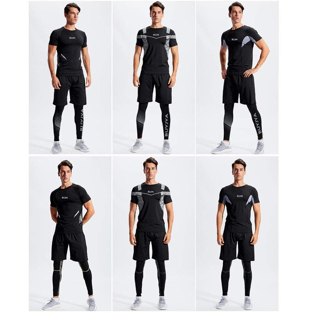 BUYJYA 5Pcs Men's Compression Pants Shirt Top Long Sleeve Jacket Set Suit (B Style, 2XL)