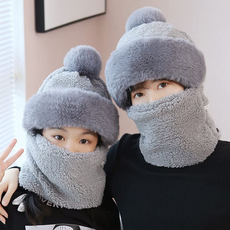 SUKIYAKI Womens Winter Fleece Warm Hat with Faux Fur Pom Cycling Windproof Scarf Hat Ski Cap, Scarf Hat Mask Integrated Hat (Gray)