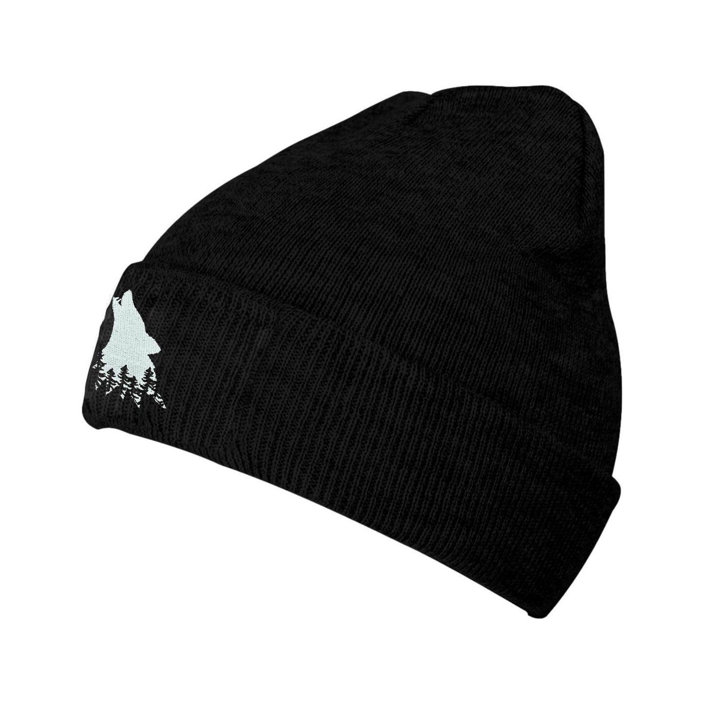 famliihw Wolf Tree Embroidery Beanie Hat Winter Warm Knit Cuffed Skull Cap for Women Men