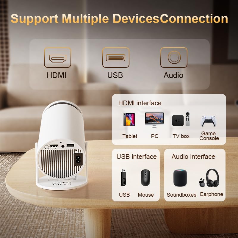 Mini Projector with Latest Android 13 - 2025 Portable Movie Projector with WiFi 6 Bluetooth 5.2: Built-in Apps, 4K/1080P Support, Auto Keystone, 180° Rotatable, 40"-130" Big Screen Video Projector