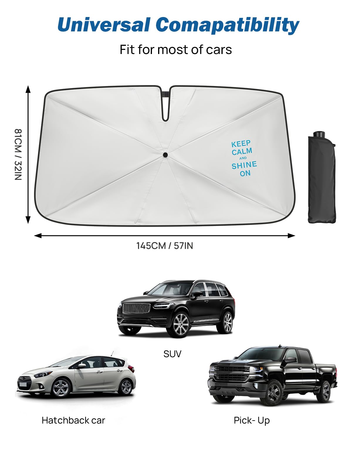 JOYTUTUS Windshield Sunshade Umbrella, Automotive Interior Sun Protection, Titanium Silver-Plated Coating Protect Car from Sun Rays & Heat Damage and Keep Cool, Spring Structure Edge (57" L x 32" W)
