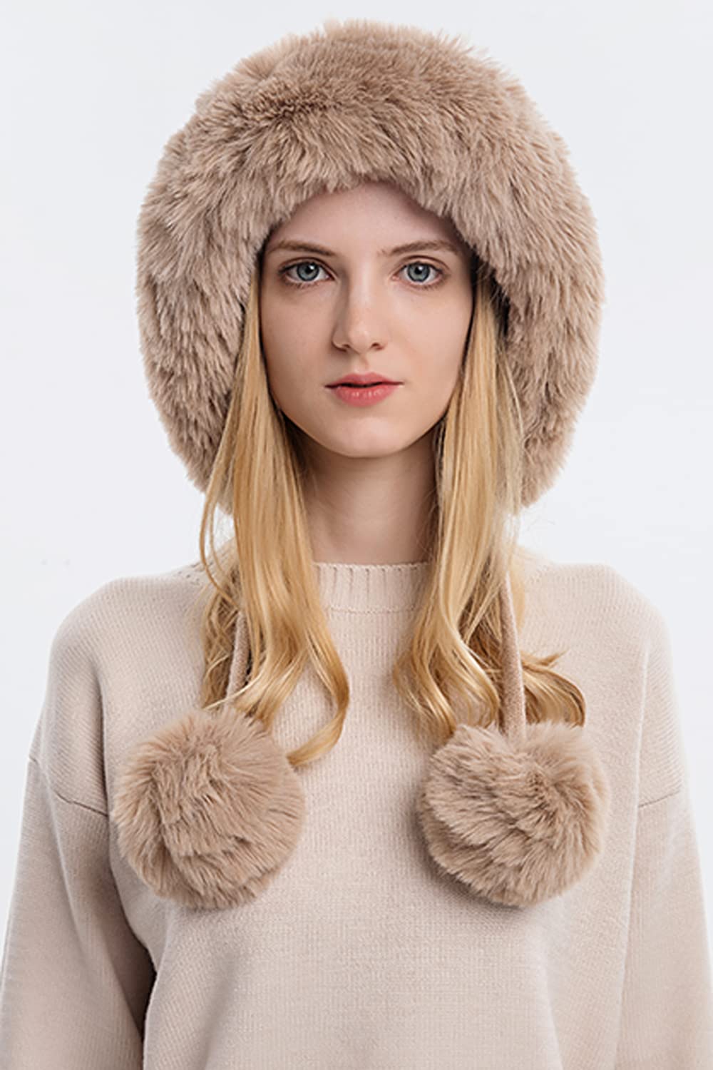 Dawfold Women Knit Beanies Hats Winter Peruvian Cover Ears Faux Fur Crochet Skull Cap with Pompom Fluffy Fleece Lined Khaki