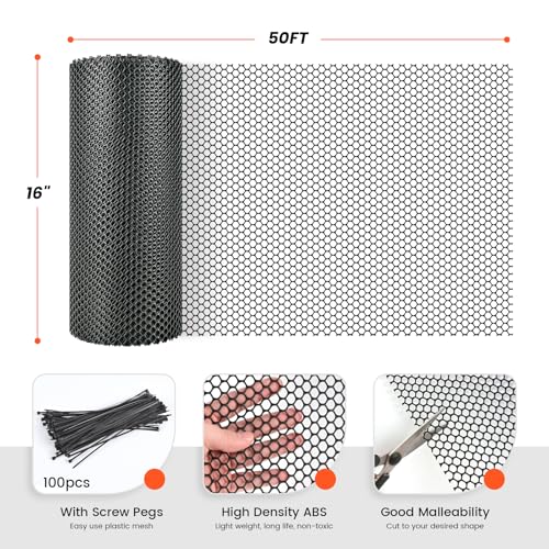 16IN x 50FT Plastic Chicken Wire Mesh, Chicken Wire for Floral Arrangements, Chicken Wire Mesh for Crafts with 100 Pcs Zip Ties, Mesh Fence for Dogs, Deers, Poultry