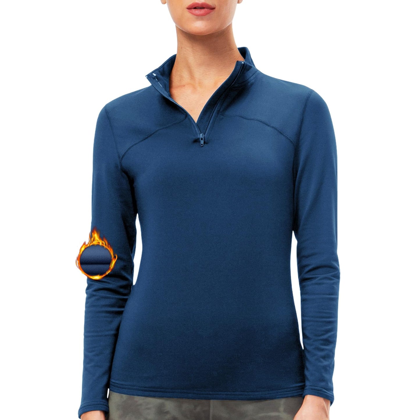 Witkey Womens Athletic Quarter Zip Long Sleeve Thermal Running Shirts UPF 50+ Sun Protection Lightweight Winter Workout Fleece Base Layer Shirts Skiing Cold Weather Navy