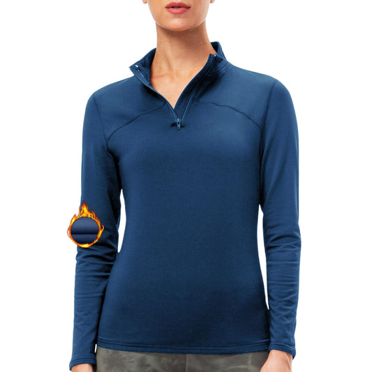 Witkey Womens Athletic Quarter Zip Long Sleeve Thermal Running Shirts UPF 50+ Sun Protection Lightweight Winter Workout Fleece Base Layer Shirts Skiing Cold Weather Navy