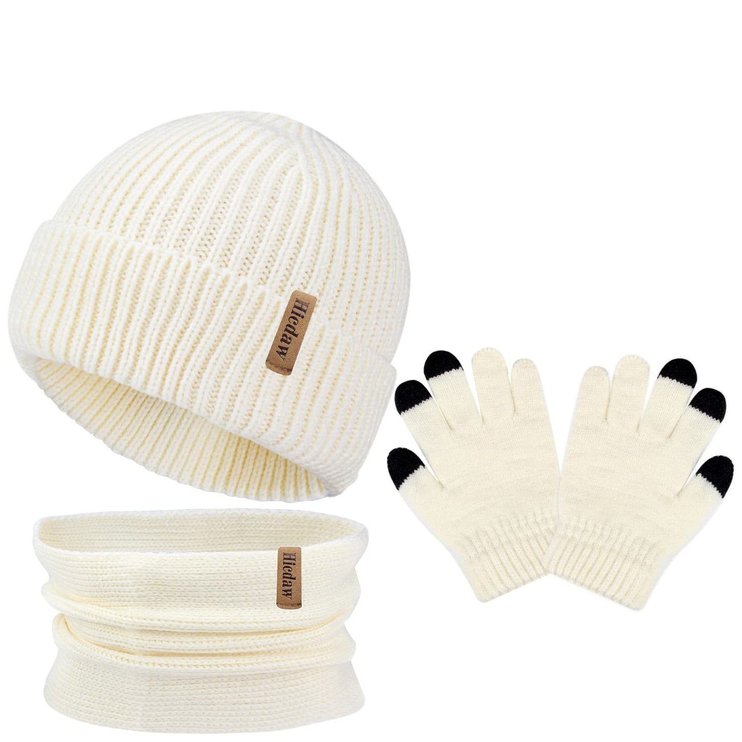 Hicdaw 3PCS Kids Winter Hat Glove Scarf Sets, Toddler Gloves Neck Warmer Baby Winter Hat Toddler Gloves Scarf Set for Boys Girls, White