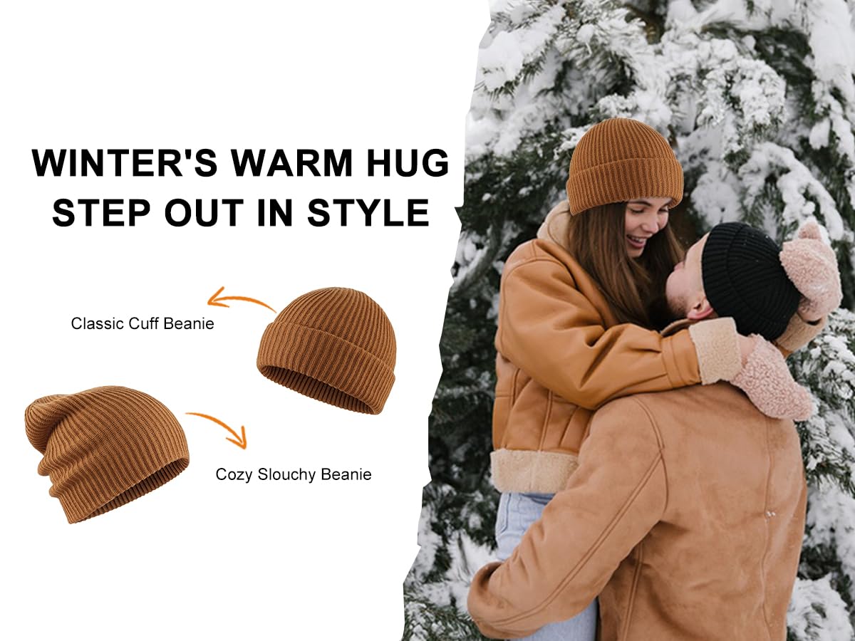 Home Prefer Mens Winter Hat Rib Knit Beanie Hat for Men Women Slouchy Cuff Beanie for Running Cycling Snow Ski Beanie (US, Alpha, One Size, Black+Khaki)