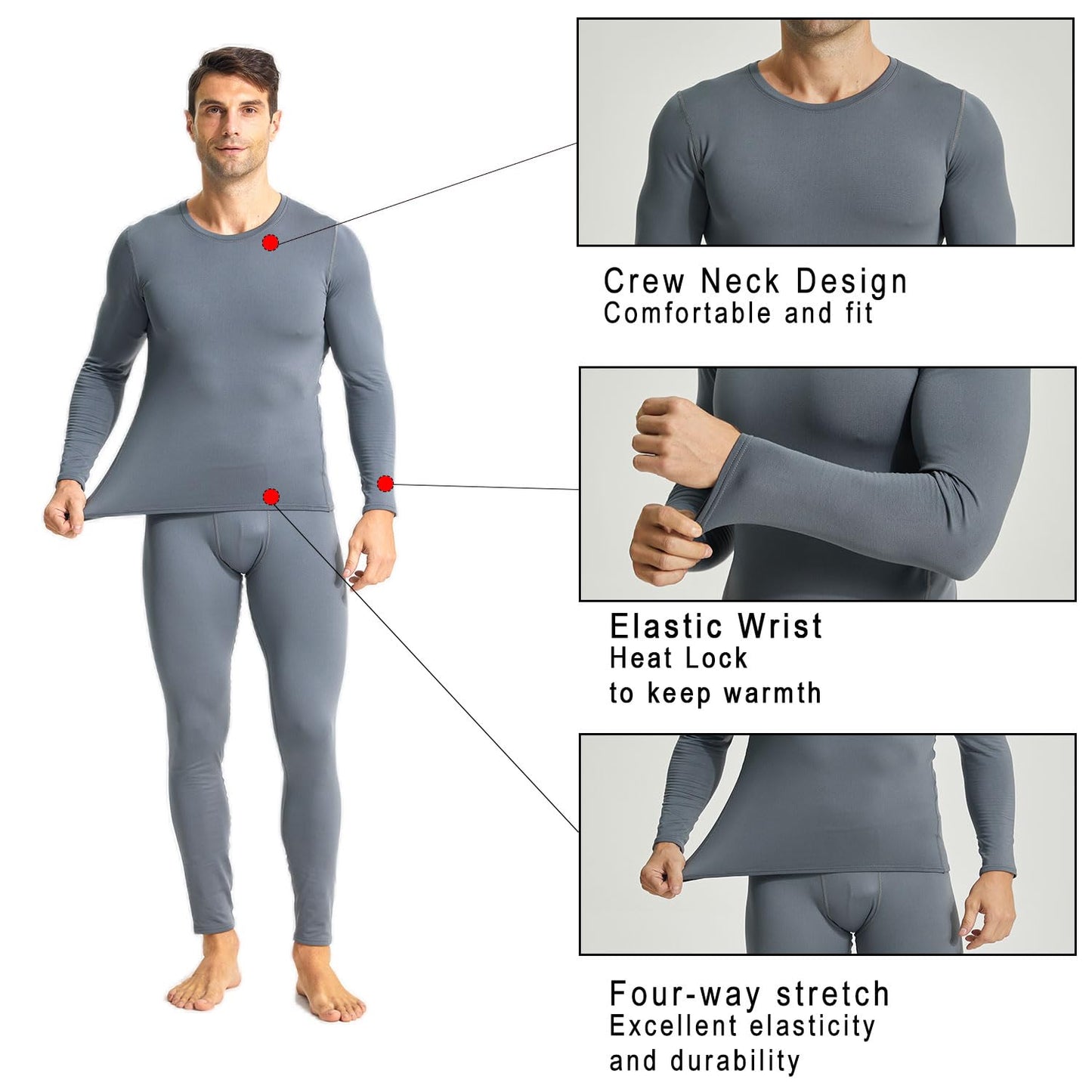 YUSHOW Mens Thermal Underwear Set, Long Johns for Men With Fleece Lined Base Layer Set Cold Weather Winter Top & Bottom Grey