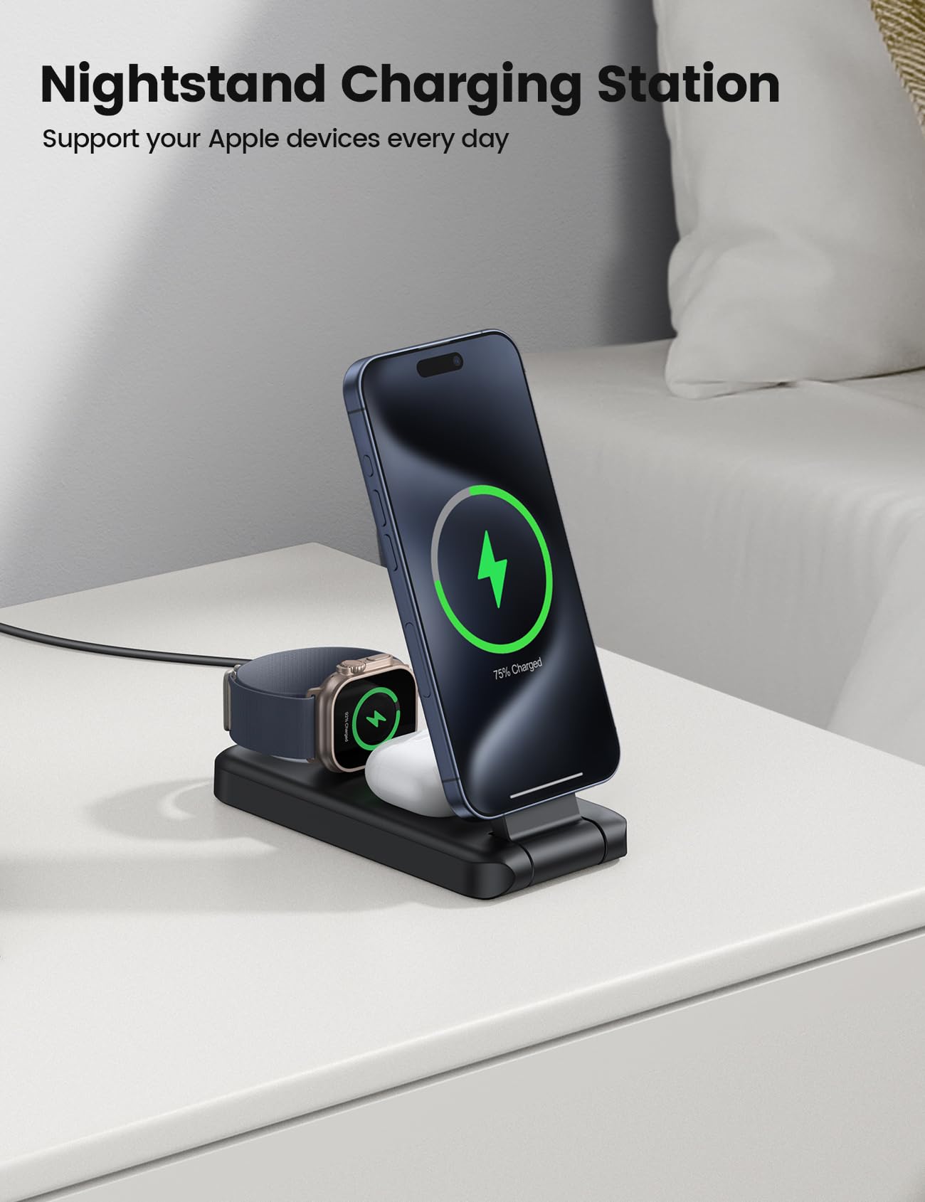 Lamicall 3 in 1 Charging Station for Apple, for Magsafe - Magnetic Foldable Wireless Charger Stand, Fast Charging Station for iPhone 16/15/14/13/Pro/Pro Max Apple Watch, AirPods, Foldable Travel Use