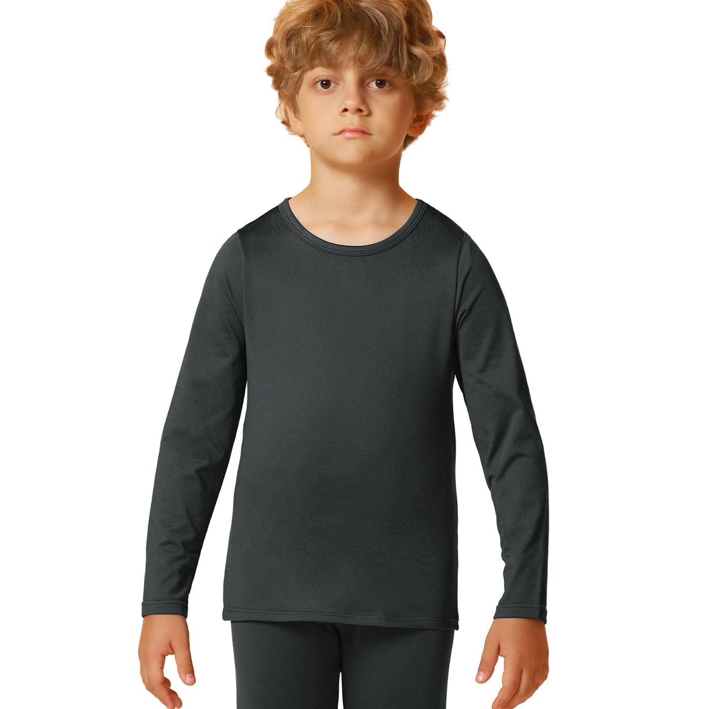 HODOSPORTS Boy's Thermal Underwear Top Kid’s Winter Base Layer Fleece Lined Compression Shirt Dark Grey