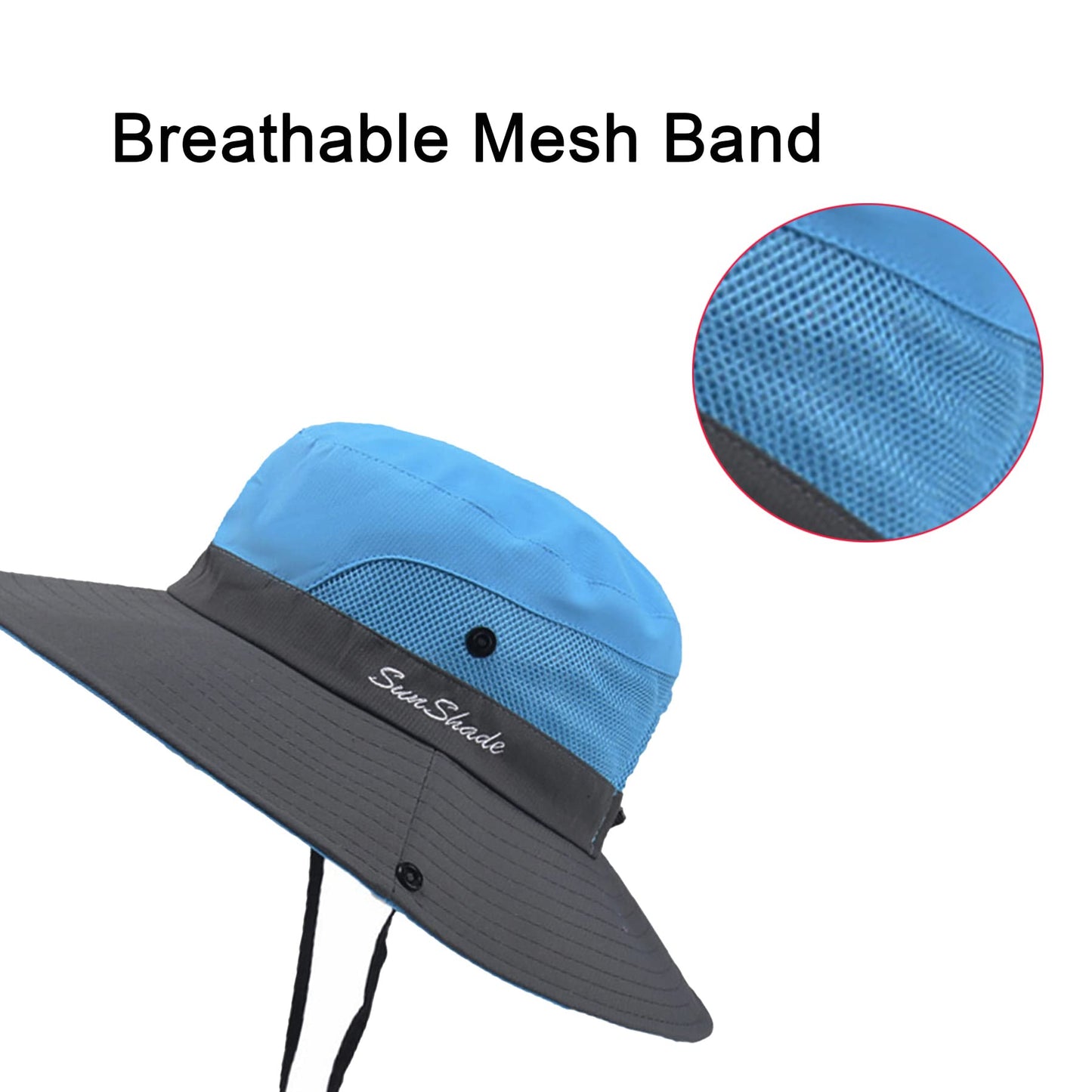 PFFY Ponytail Sun Bucket Hat for Women Wide Brim UPF 50+ Bucket Fishing & Beach Hats Red/Blue