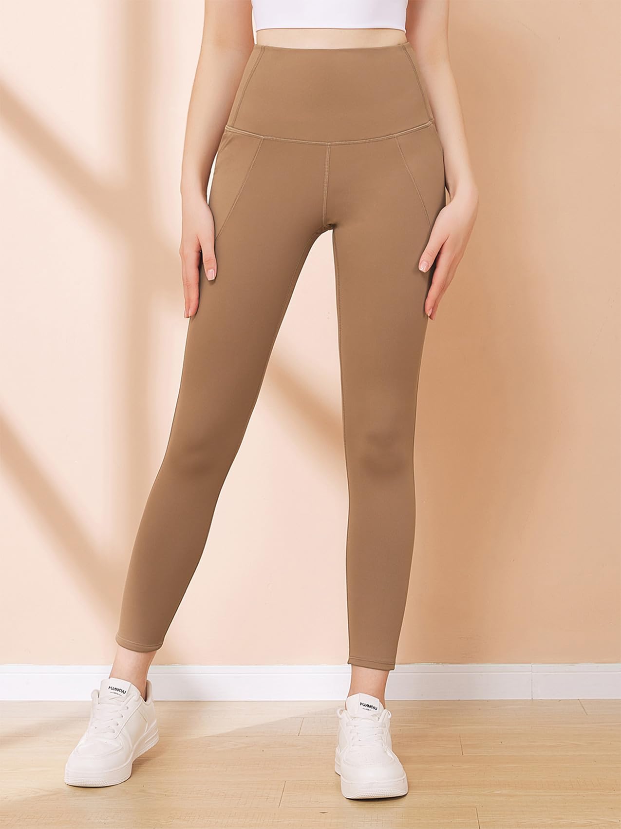 FelFory Fleece Lined Leggings Thermal Leggings for Women Tummy Control High Waisted Leggings for Women with Pockets Warm Leggings for Winter Tighs for Women Yoga Leggings Khaki Large