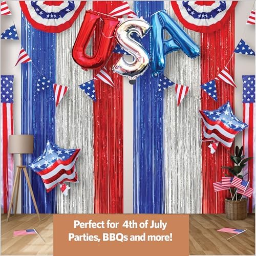 45 PC 4th Of July Decorations, USA Independence Day Patriotic Décor Set, American Bunting & Windsock Flags, Red White & Blue Streamer Backdrop, 10 Aluminum 1 “USA” Balloon, 2 Garland 8.2’, 18 flags