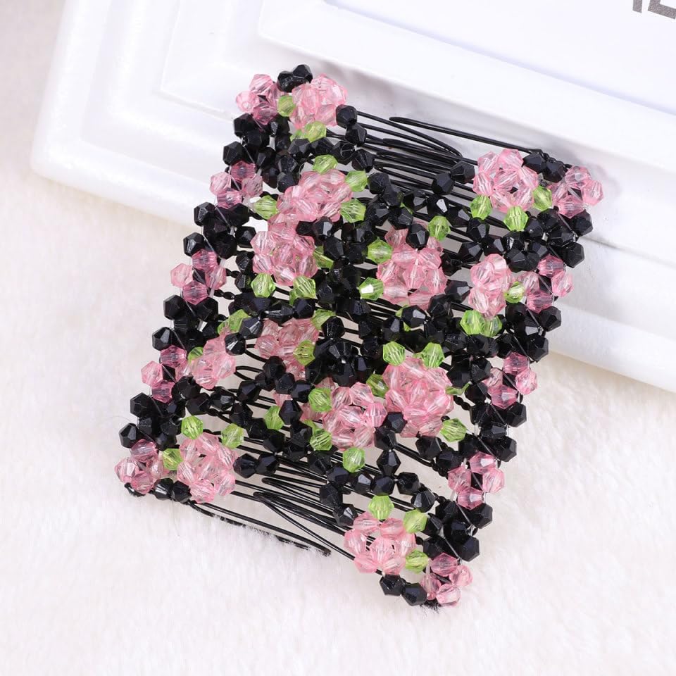 LALAFINA 3pcs Double Clips Hair Combs Adjustable Elastic Hair Clips Stretch Beaded Hair Combs Pink Rose Shaped Hair Accessories for Women Girls