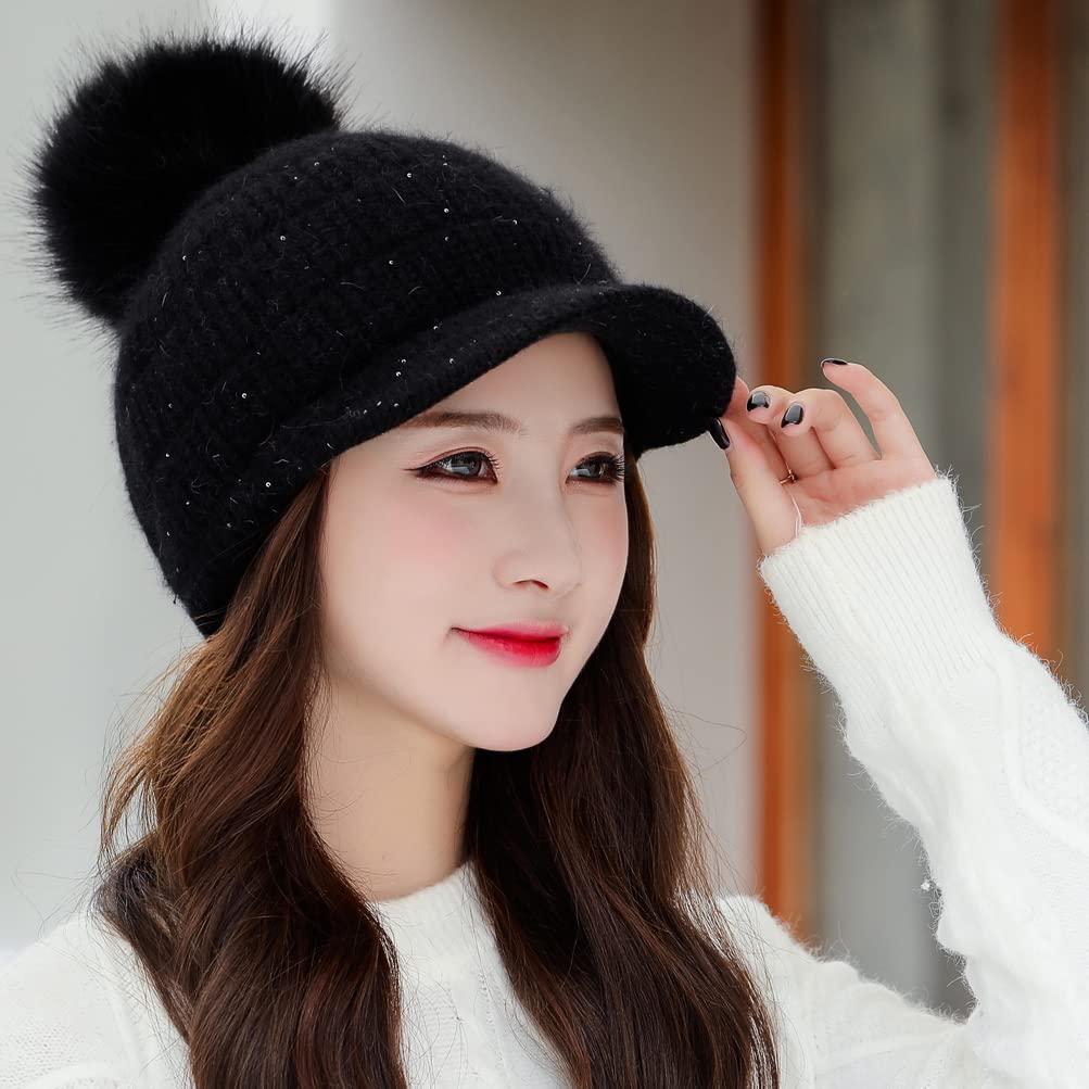 Fleece Lined Beanie Hats with Visor Brim Winter Knit Ski Cap Women Pom Pom Ball (Black)
