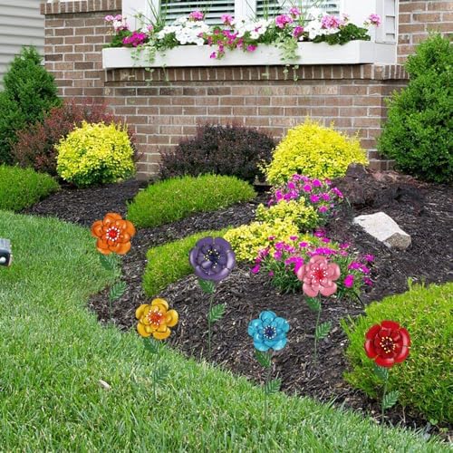 hogardeck Garden Decor for Outside, Set of 6 Metal Flowers Decorative Garden Stakes for Spring Decor, Yard Art Garden Decorations for Outdoor Lawn Porch Pathway Patio (Multi-Color)