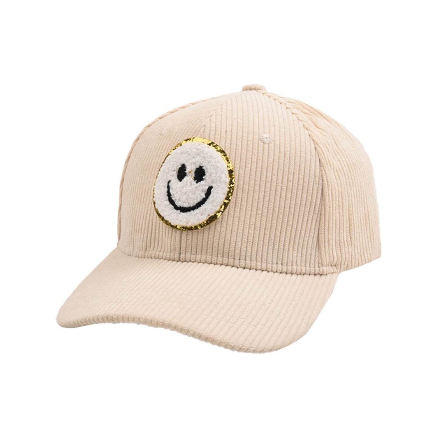 ProMindFun Women's Winter Corduroy Baseball Cap Men’s Smiley Face Hat 3D Patch Embroidered Adjustable Trucker Cold Weather Hats (03-Beige)
