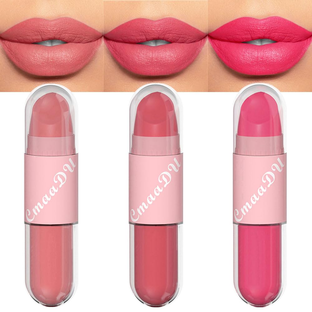 evpct 2 In 1 Matte Lipstick & Long Lasting Smudge Proof Liquid Lipstick Lip Gloss Stain 3Pcs Set for Women Dark Ruby Red Nude Beige Pink Mauve Matte Vegan Long Wear Waterproof 24 Hour Lipstick