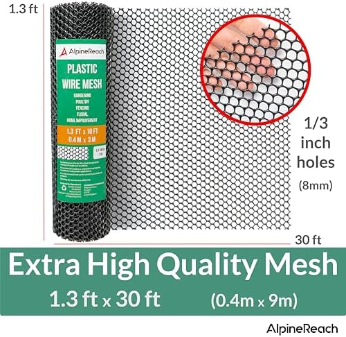 AlpineReach Plastic Wire Mesh 1.3ft x 30ft (15.7" x 360") Fence Roll with Zip Ties - Ideal for Poultry, Dogs, Rabbit Barrier & Gardening, Durable Chicken Mesh, Versatile Rigid Fencing & Netting, Black