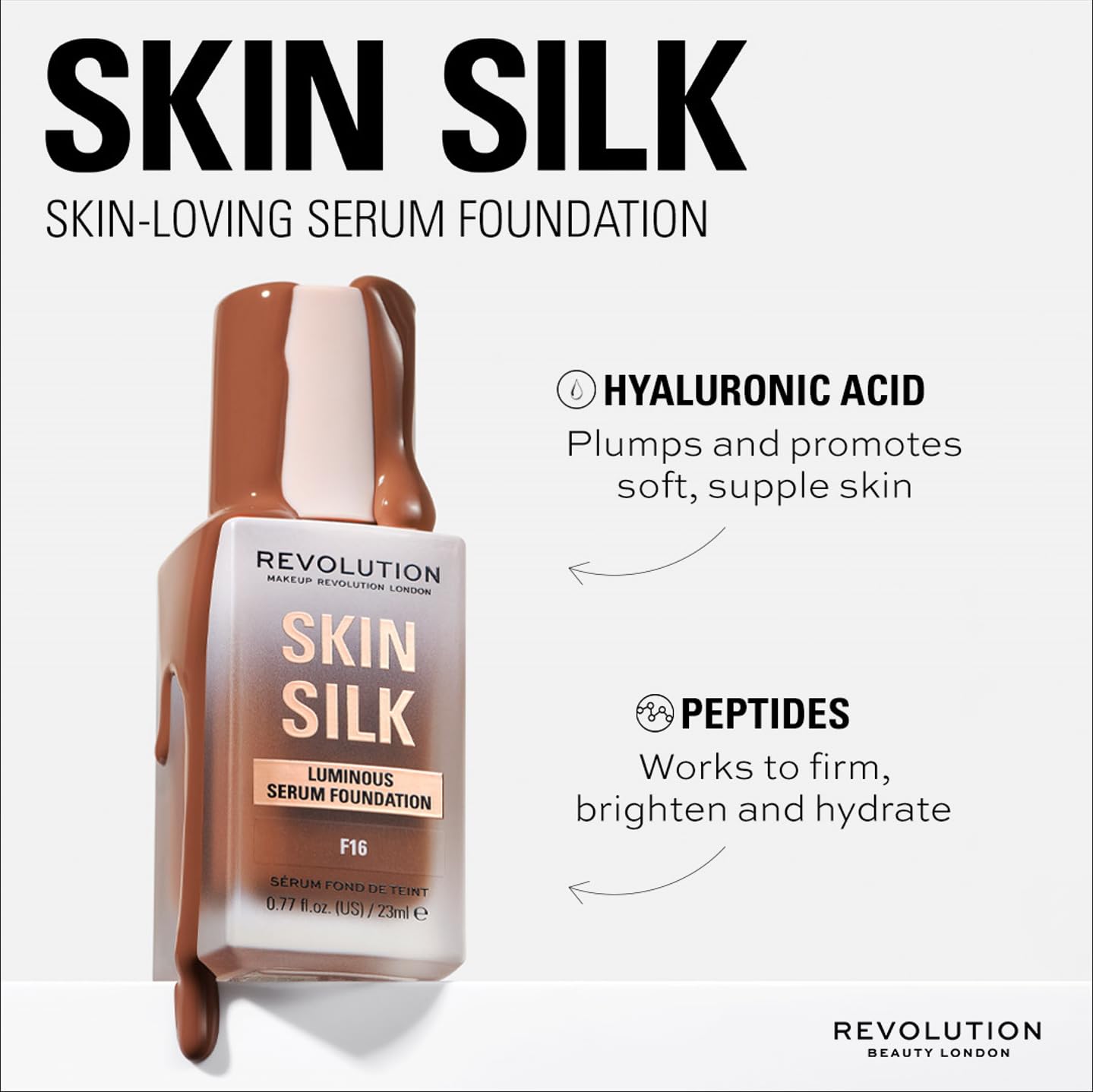 Revolution Beauty, Skin Silk Serum Foundation, Light to Medium Coverage, Lightweight & Radiant Finish, Contains Hyaluronic Acid, F3 Light Skin Tones, 0.77 Fl. Oz.