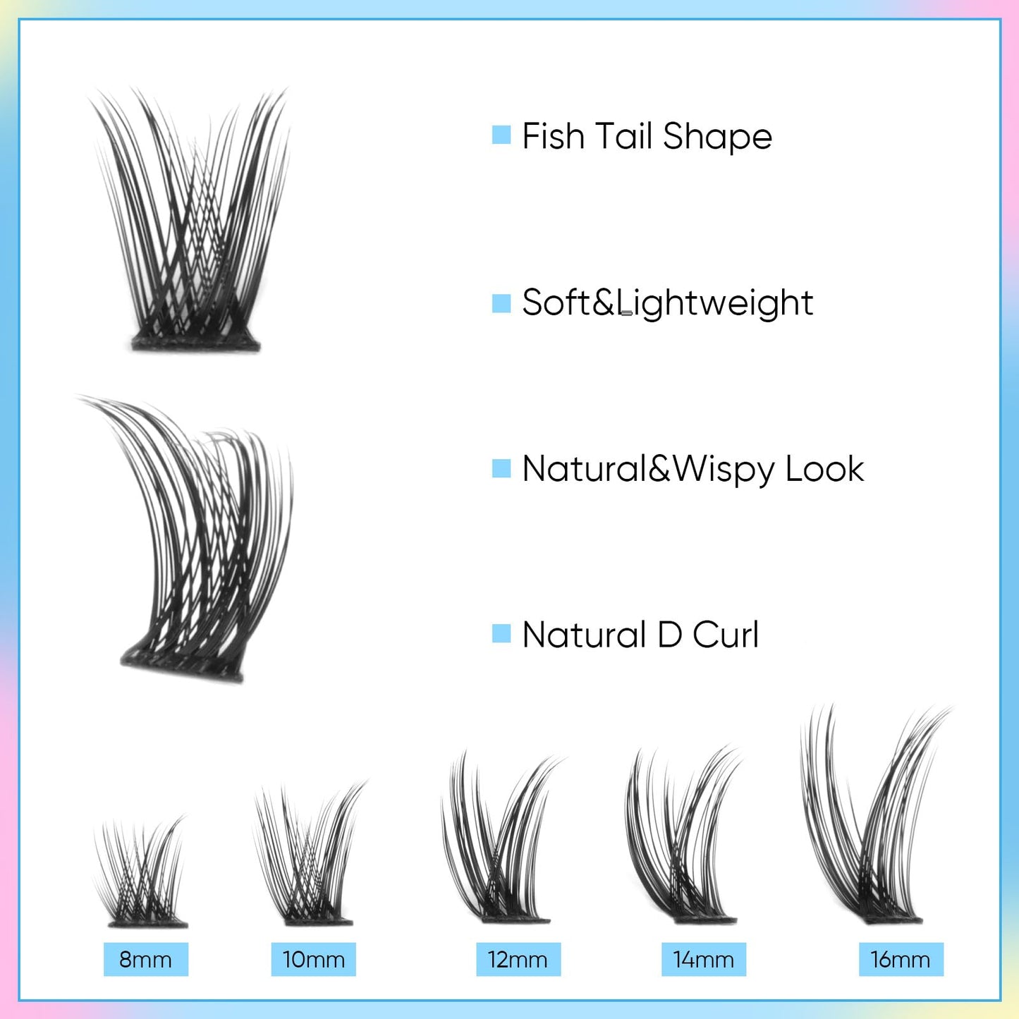 zanlufly Wispy Lash Clusters Natural D Curl Fishtail Eyelash Extensions 224Pcs Individual Lashes (8-16MM)