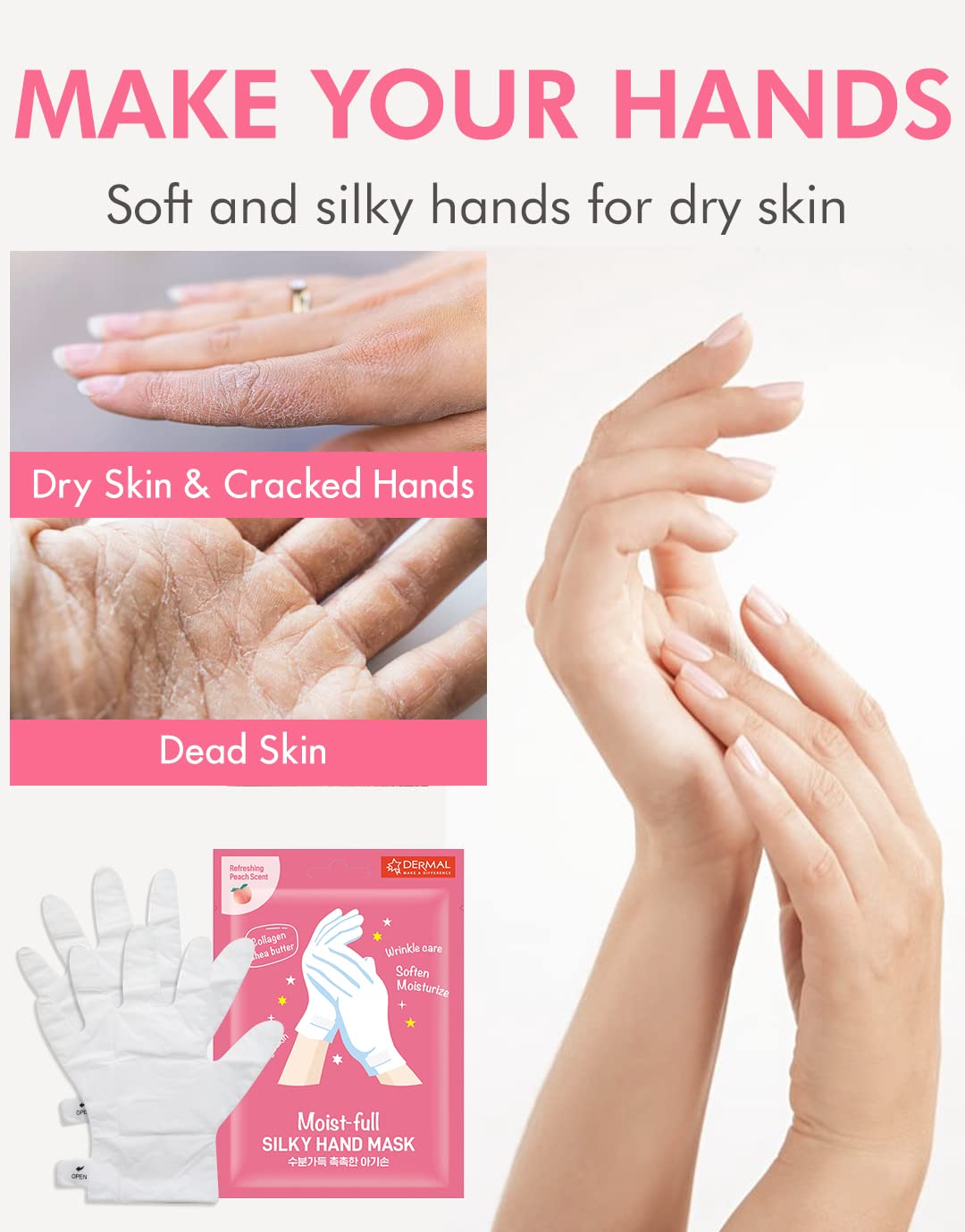 DERMAL Moistfull Silky Hand Mask Gloves 3 Pairs for Dry Hands - Intensive Repairing with Collagen and Shea Butter - Nourishing & Moisturizing Renew Hand Mask - Refreshing Peach Scent