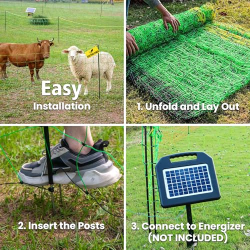 Electric Fence Netting, 49.6" H x 164'L Portable Livestock Nets for Cattle, Sheep, Goat, Hogs, Larger Animals, Electric Fencing with 14 Pre-Assembled Double-Spiked Posts for Backyards, Ranches, Farms