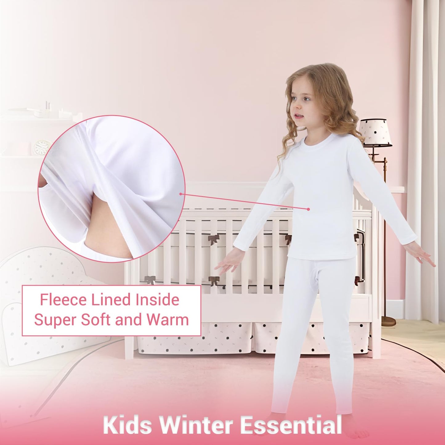 PISIQI Girls Thermal Underwear Set Ultra Soft Long Underwear for Kids Fleece Lined Winter Warm Base Layer Kids Long Johns Set White