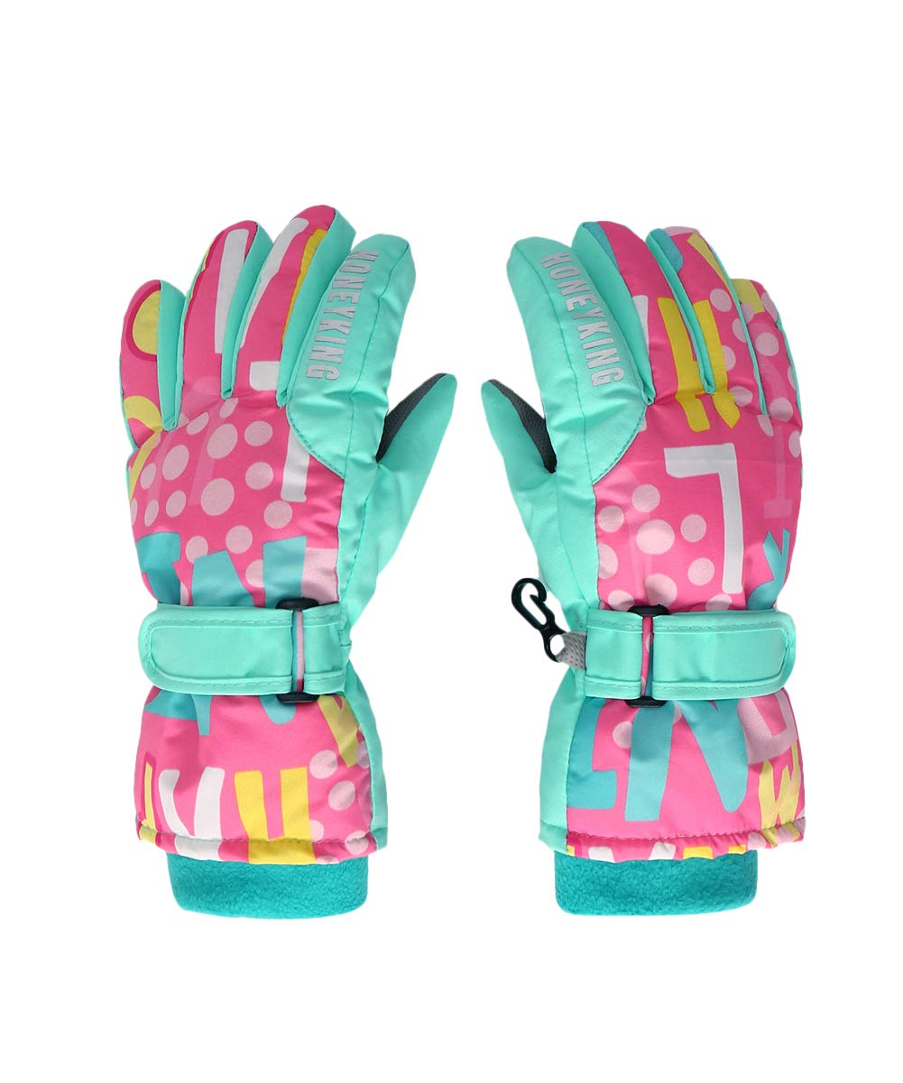 Hiheart Girls Winter Ski Gloves Waterproof Outdoor Thicken Glove Pink Letter 3-6 Years