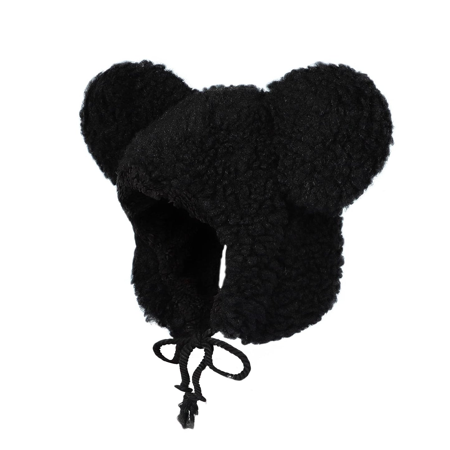 Cute Fuzzy Bear Hat with Ear Flap Faux Fur Ushanka Windproof Warm Trapper Cap Winter Thermal Hat for Girls Women Black