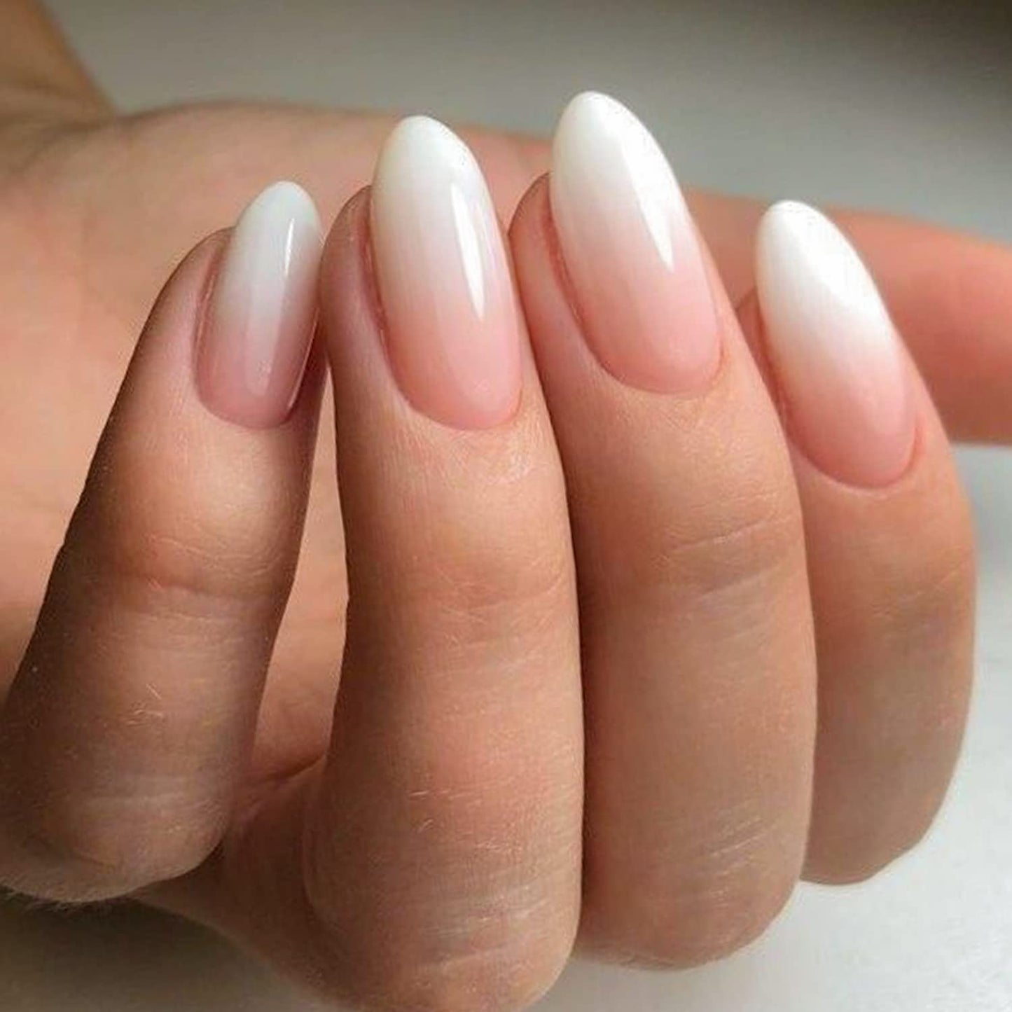 GLAMERMAID Ombre Pink Press on Nails Medium Almond, Natural White Crush Nails, Stiletto Fake Nails with French Design, Short Oval Stick Glue on Nails Tips for Women, Reusable Acrylic False Nail Kits