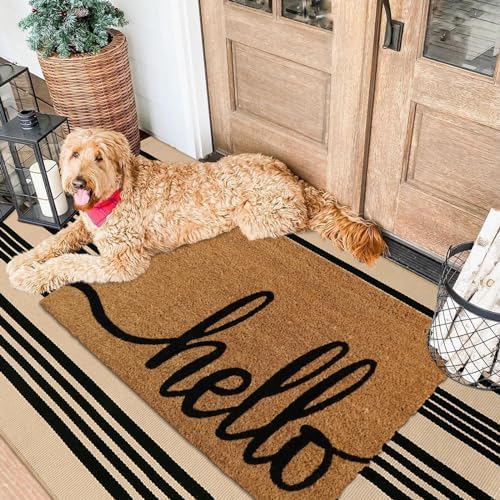 Black and Khaki Striped Rugs 3x5, Outdoor Cotton Hand Woven Front Door Mat,Washable Reversible Layered Door Mats, Foldable Front Porch Rug for Entryway/Home Entrance/Farmhouse