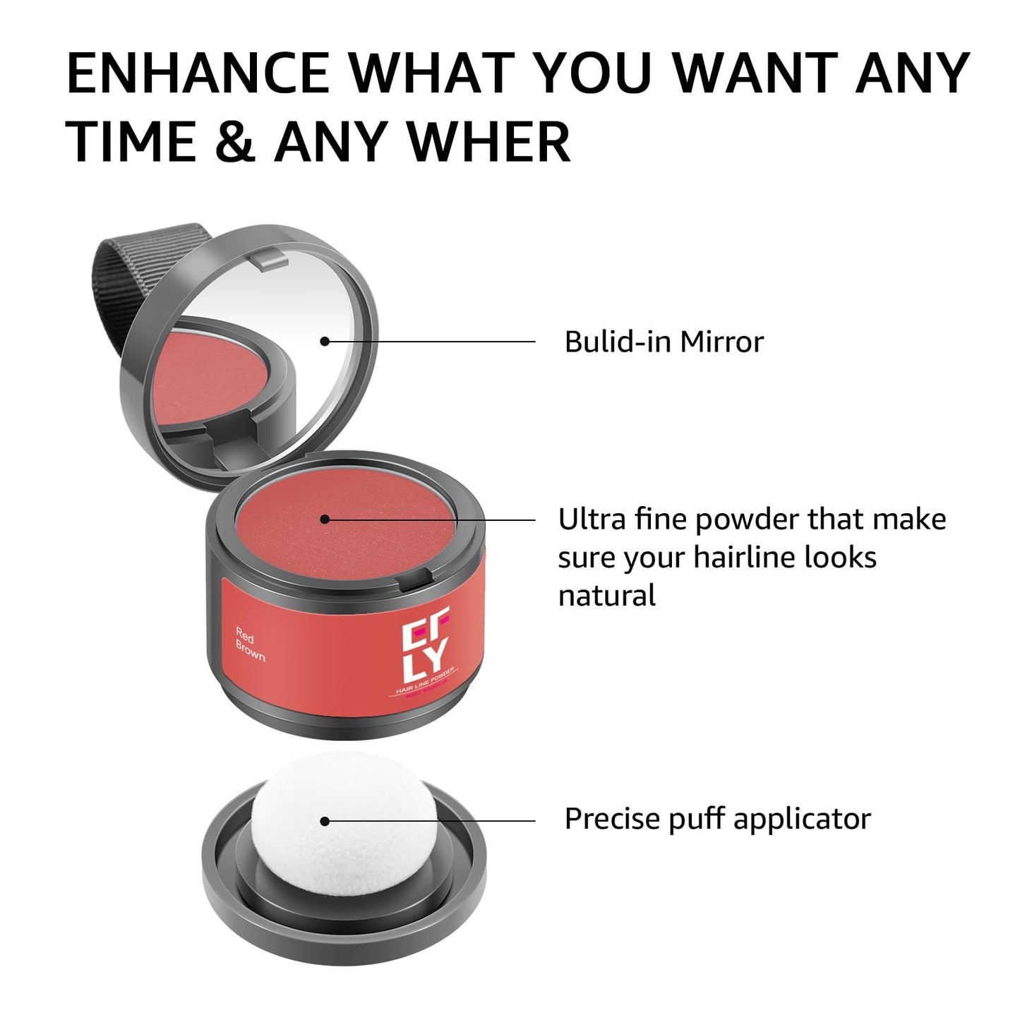 Root Touch Up Gray Shadow Powder for Thinning Hair, Eyebrows, and Beards (Red Brown)